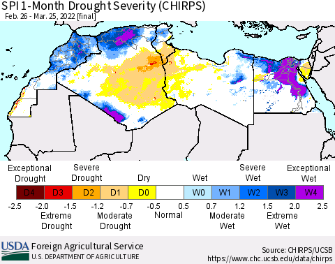 North Africa SPI 1-Month Drought Severity (CHIRPS) Thematic Map For 2/26/2022 - 3/25/2022