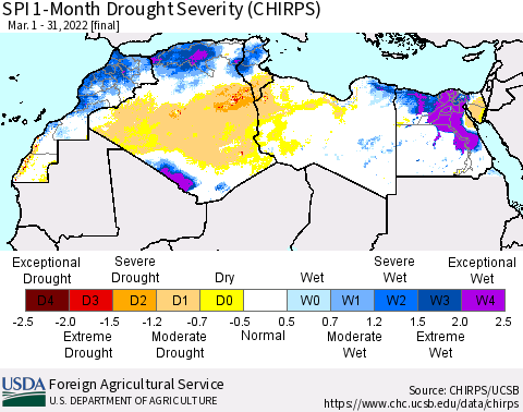 North Africa SPI 1-Month Drought Severity (CHIRPS) Thematic Map For 3/1/2022 - 3/31/2022