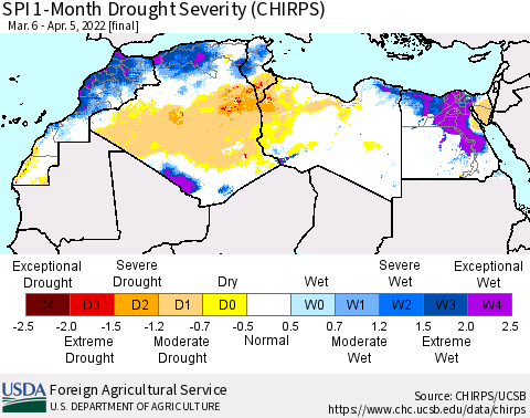 North Africa SPI 1-Month Drought Severity (CHIRPS) Thematic Map For 3/6/2022 - 4/5/2022