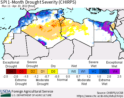 North Africa SPI 1-Month Drought Severity (CHIRPS) Thematic Map For 3/11/2022 - 4/10/2022