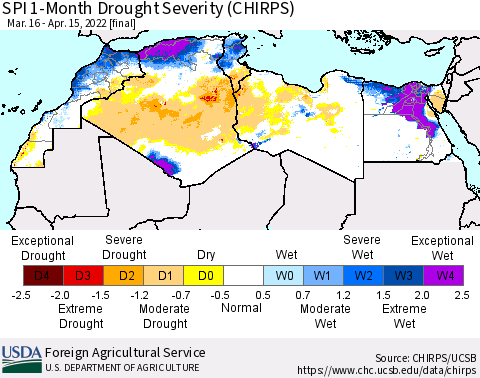 North Africa SPI 1-Month Drought Severity (CHIRPS) Thematic Map For 3/16/2022 - 4/15/2022