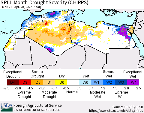North Africa SPI 1-Month Drought Severity (CHIRPS) Thematic Map For 3/21/2022 - 4/20/2022