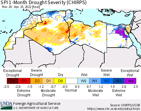 North Africa SPI 1-Month Drought Severity (CHIRPS) Thematic Map For 3/26/2022 - 4/25/2022