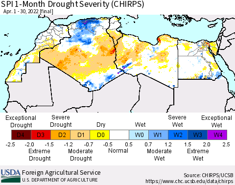 North Africa SPI 1-Month Drought Severity (CHIRPS) Thematic Map For 4/1/2022 - 4/30/2022
