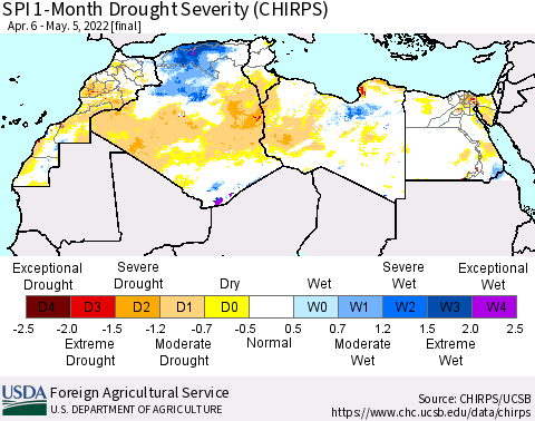 North Africa SPI 1-Month Drought Severity (CHIRPS) Thematic Map For 4/6/2022 - 5/5/2022
