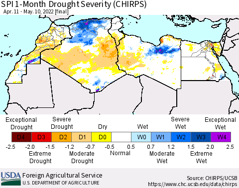 North Africa SPI 1-Month Drought Severity (CHIRPS) Thematic Map For 4/11/2022 - 5/10/2022