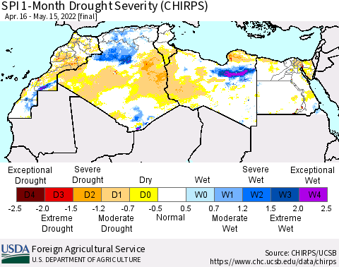 North Africa SPI 1-Month Drought Severity (CHIRPS) Thematic Map For 4/16/2022 - 5/15/2022
