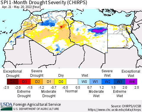 North Africa SPI 1-Month Drought Severity (CHIRPS) Thematic Map For 4/21/2022 - 5/20/2022