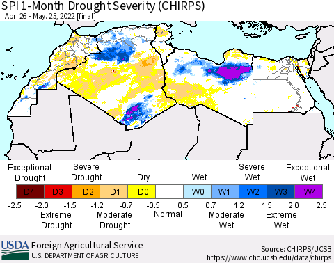 North Africa SPI 1-Month Drought Severity (CHIRPS) Thematic Map For 4/26/2022 - 5/25/2022
