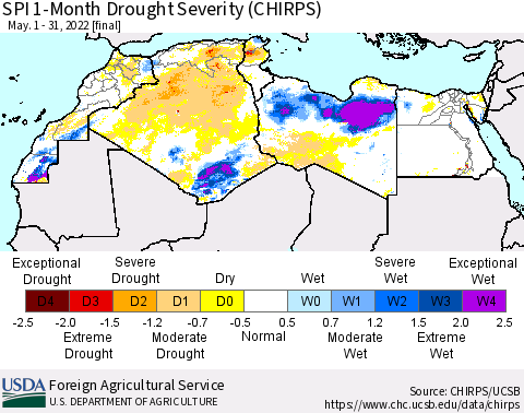 North Africa SPI 1-Month Drought Severity (CHIRPS) Thematic Map For 5/1/2022 - 5/31/2022