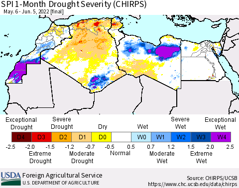 North Africa SPI 1-Month Drought Severity (CHIRPS) Thematic Map For 5/6/2022 - 6/5/2022
