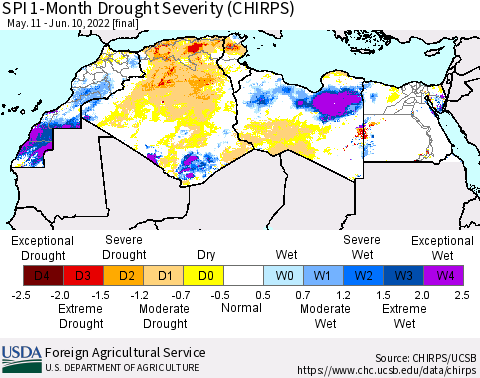 North Africa SPI 1-Month Drought Severity (CHIRPS) Thematic Map For 5/11/2022 - 6/10/2022