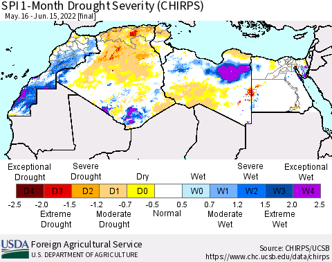 North Africa SPI 1-Month Drought Severity (CHIRPS) Thematic Map For 5/16/2022 - 6/15/2022