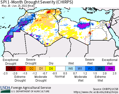 North Africa SPI 1-Month Drought Severity (CHIRPS) Thematic Map For 5/26/2022 - 6/25/2022