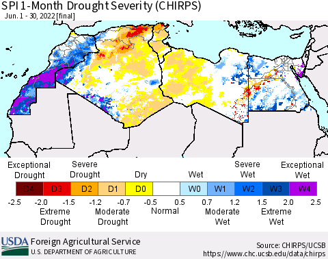 North Africa SPI 1-Month Drought Severity (CHIRPS) Thematic Map For 6/1/2022 - 6/30/2022