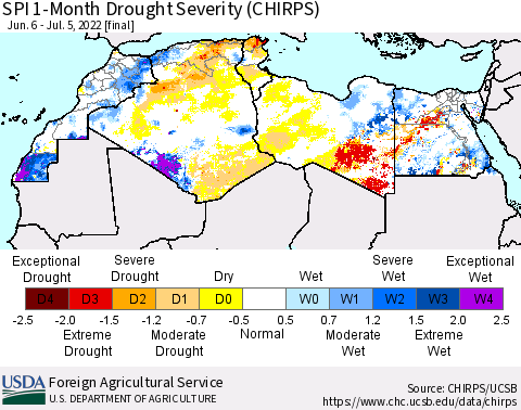 North Africa SPI 1-Month Drought Severity (CHIRPS) Thematic Map For 6/6/2022 - 7/5/2022