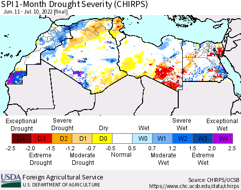 North Africa SPI 1-Month Drought Severity (CHIRPS) Thematic Map For 6/11/2022 - 7/10/2022