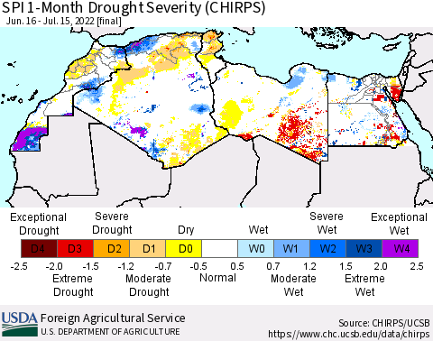 North Africa SPI 1-Month Drought Severity (CHIRPS) Thematic Map For 6/16/2022 - 7/15/2022