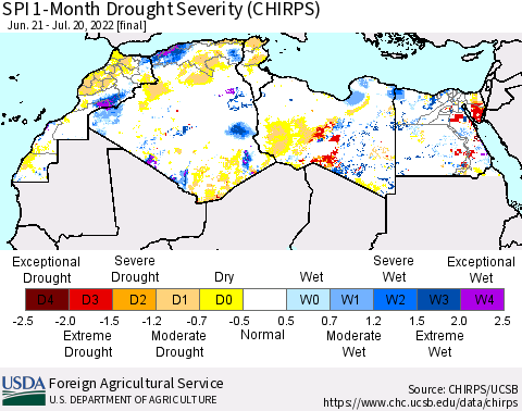 North Africa SPI 1-Month Drought Severity (CHIRPS) Thematic Map For 6/21/2022 - 7/20/2022