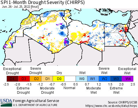 North Africa SPI 1-Month Drought Severity (CHIRPS) Thematic Map For 6/26/2022 - 7/25/2022