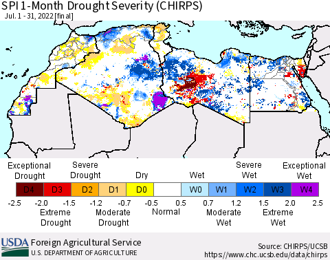 North Africa SPI 1-Month Drought Severity (CHIRPS) Thematic Map For 7/1/2022 - 7/31/2022