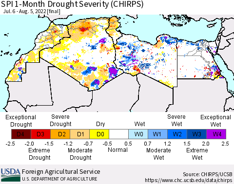 North Africa SPI 1-Month Drought Severity (CHIRPS) Thematic Map For 7/6/2022 - 8/5/2022