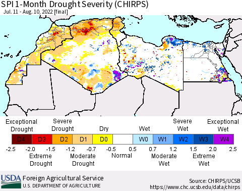 North Africa SPI 1-Month Drought Severity (CHIRPS) Thematic Map For 7/11/2022 - 8/10/2022