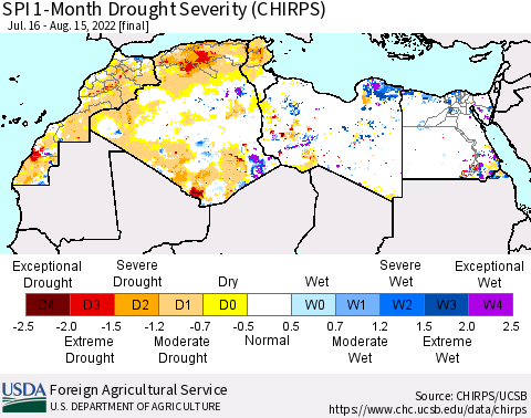 North Africa SPI 1-Month Drought Severity (CHIRPS) Thematic Map For 7/16/2022 - 8/15/2022