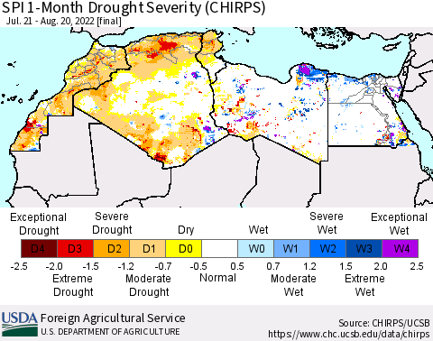 North Africa SPI 1-Month Drought Severity (CHIRPS) Thematic Map For 7/21/2022 - 8/20/2022