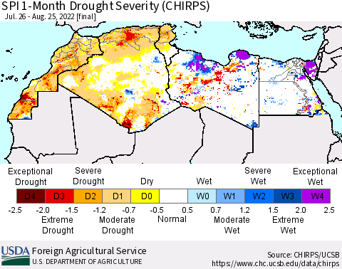 North Africa SPI 1-Month Drought Severity (CHIRPS) Thematic Map For 7/26/2022 - 8/25/2022
