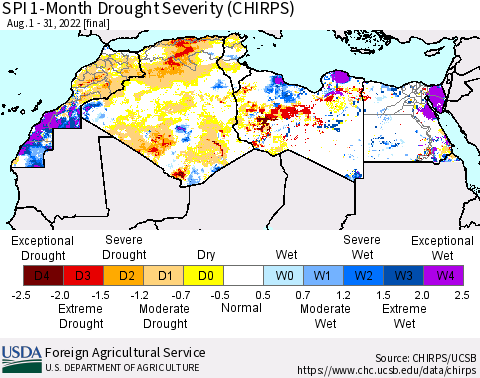 North Africa SPI 1-Month Drought Severity (CHIRPS) Thematic Map For 8/1/2022 - 8/31/2022