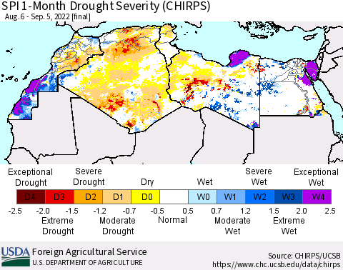 North Africa SPI 1-Month Drought Severity (CHIRPS) Thematic Map For 8/6/2022 - 9/5/2022