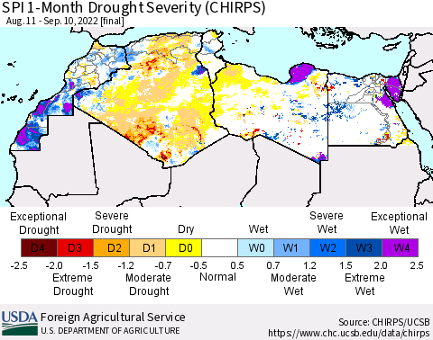North Africa SPI 1-Month Drought Severity (CHIRPS) Thematic Map For 8/11/2022 - 9/10/2022