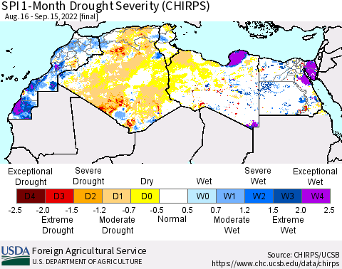 North Africa SPI 1-Month Drought Severity (CHIRPS) Thematic Map For 8/16/2022 - 9/15/2022