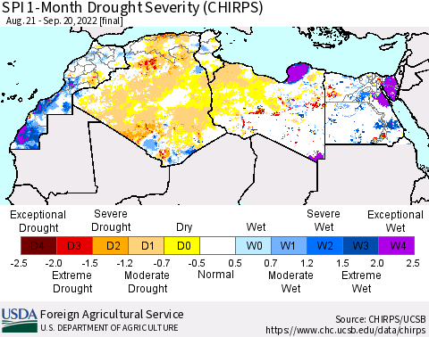 North Africa SPI 1-Month Drought Severity (CHIRPS) Thematic Map For 8/21/2022 - 9/20/2022