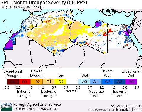 North Africa SPI 1-Month Drought Severity (CHIRPS) Thematic Map For 8/26/2022 - 9/25/2022