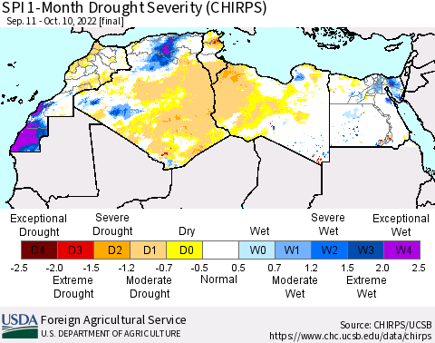 North Africa SPI 1-Month Drought Severity (CHIRPS) Thematic Map For 9/11/2022 - 10/10/2022