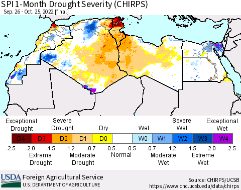 North Africa SPI 1-Month Drought Severity (CHIRPS) Thematic Map For 9/26/2022 - 10/25/2022