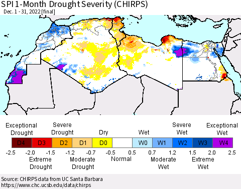 North Africa SPI 1-Month Drought Severity (CHIRPS) Thematic Map For 12/1/2022 - 12/31/2022