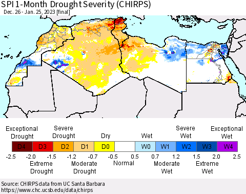 North Africa SPI 1-Month Drought Severity (CHIRPS) Thematic Map For 12/26/2022 - 1/25/2023