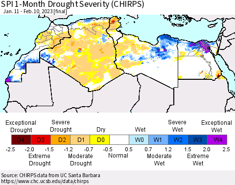 North Africa SPI 1-Month Drought Severity (CHIRPS) Thematic Map For 1/11/2023 - 2/10/2023