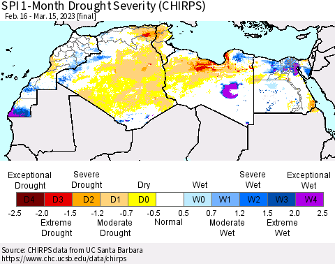 North Africa SPI 1-Month Drought Severity (CHIRPS) Thematic Map For 2/16/2023 - 3/15/2023
