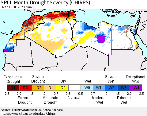 North Africa SPI 1-Month Drought Severity (CHIRPS) Thematic Map For 3/1/2023 - 3/31/2023