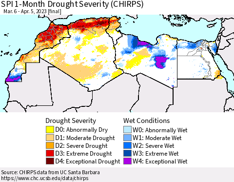 North Africa SPI 1-Month Drought Severity (CHIRPS) Thematic Map For 3/6/2023 - 4/5/2023