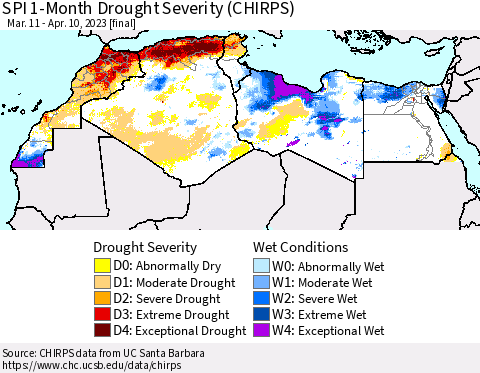 North Africa SPI 1-Month Drought Severity (CHIRPS) Thematic Map For 3/11/2023 - 4/10/2023