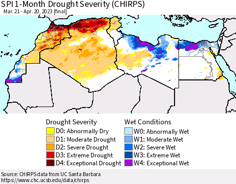 North Africa SPI 1-Month Drought Severity (CHIRPS) Thematic Map For 3/21/2023 - 4/20/2023