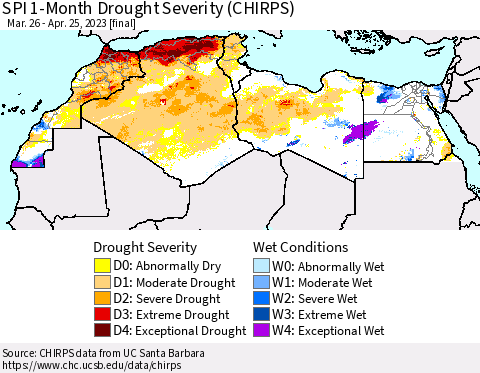 North Africa SPI 1-Month Drought Severity (CHIRPS) Thematic Map For 3/26/2023 - 4/25/2023