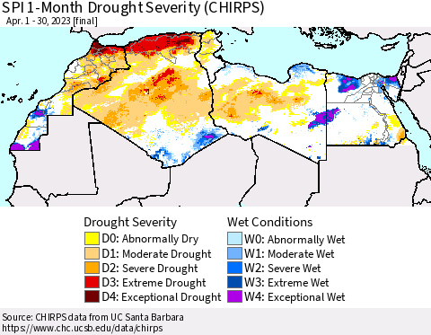 North Africa SPI 1-Month Drought Severity (CHIRPS) Thematic Map For 4/1/2023 - 4/30/2023
