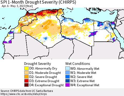 North Africa SPI 1-Month Drought Severity (CHIRPS) Thematic Map For 4/6/2023 - 5/5/2023