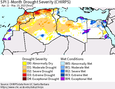North Africa SPI 1-Month Drought Severity (CHIRPS) Thematic Map For 4/11/2023 - 5/10/2023